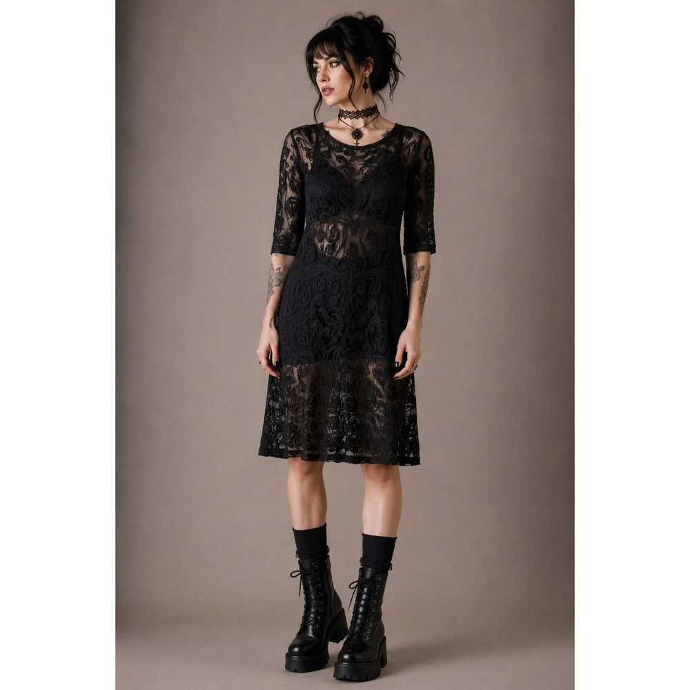 Dark Romantic Goth Black Lace Sheer Dress Small Indie Sleaze Grunge